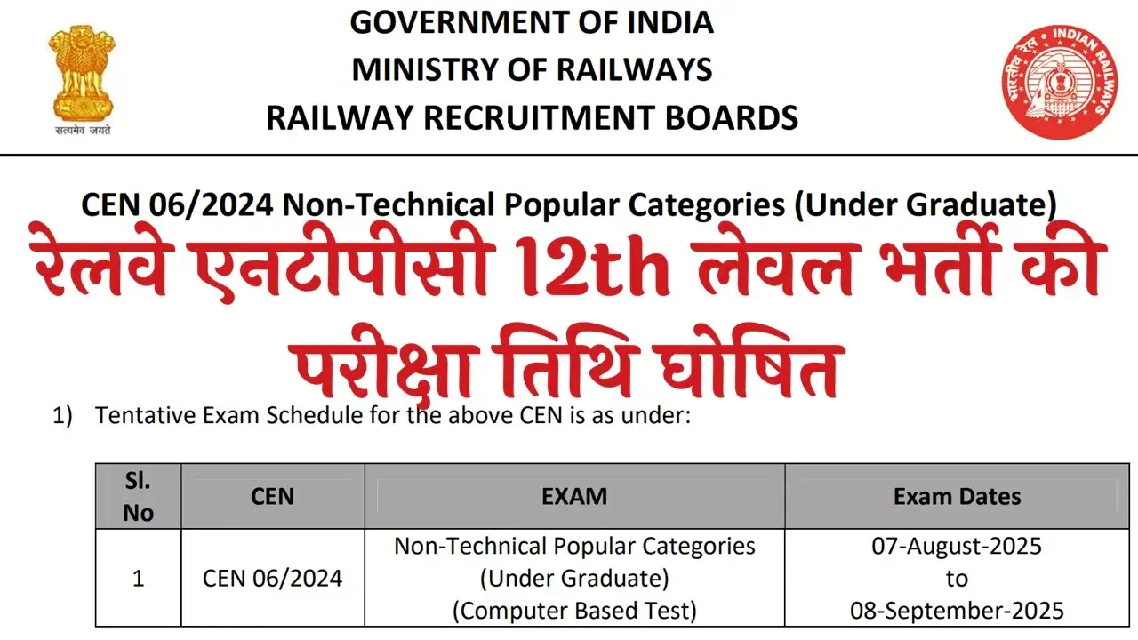 Railway NTPC 12th Level Exam Date 2025